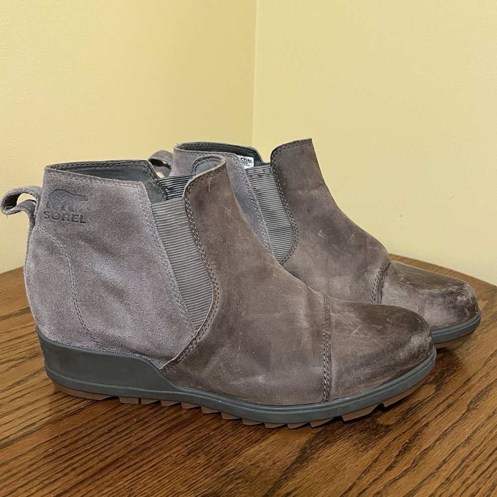 Sorel Women's Boots 10.5 Quarry Gray Evie Chelsea Leather Suede Wedge Shoes